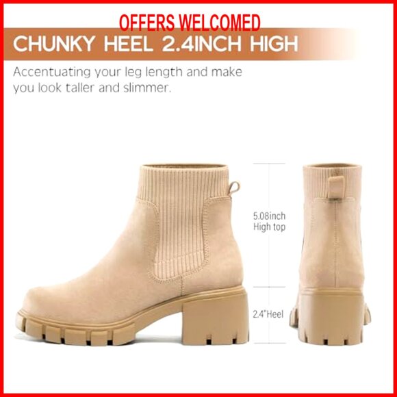 Women's Chelsea Boots Chunky Heel Lug Sole Elastic Ankle Booties Size 6-11 - Picture 2 of 6
